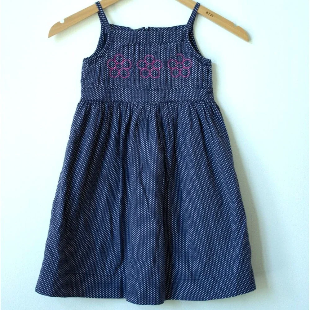 Gap Girls Navy Polka Dot Floral Embroidered Sundress Spaghetti Strap Size 5